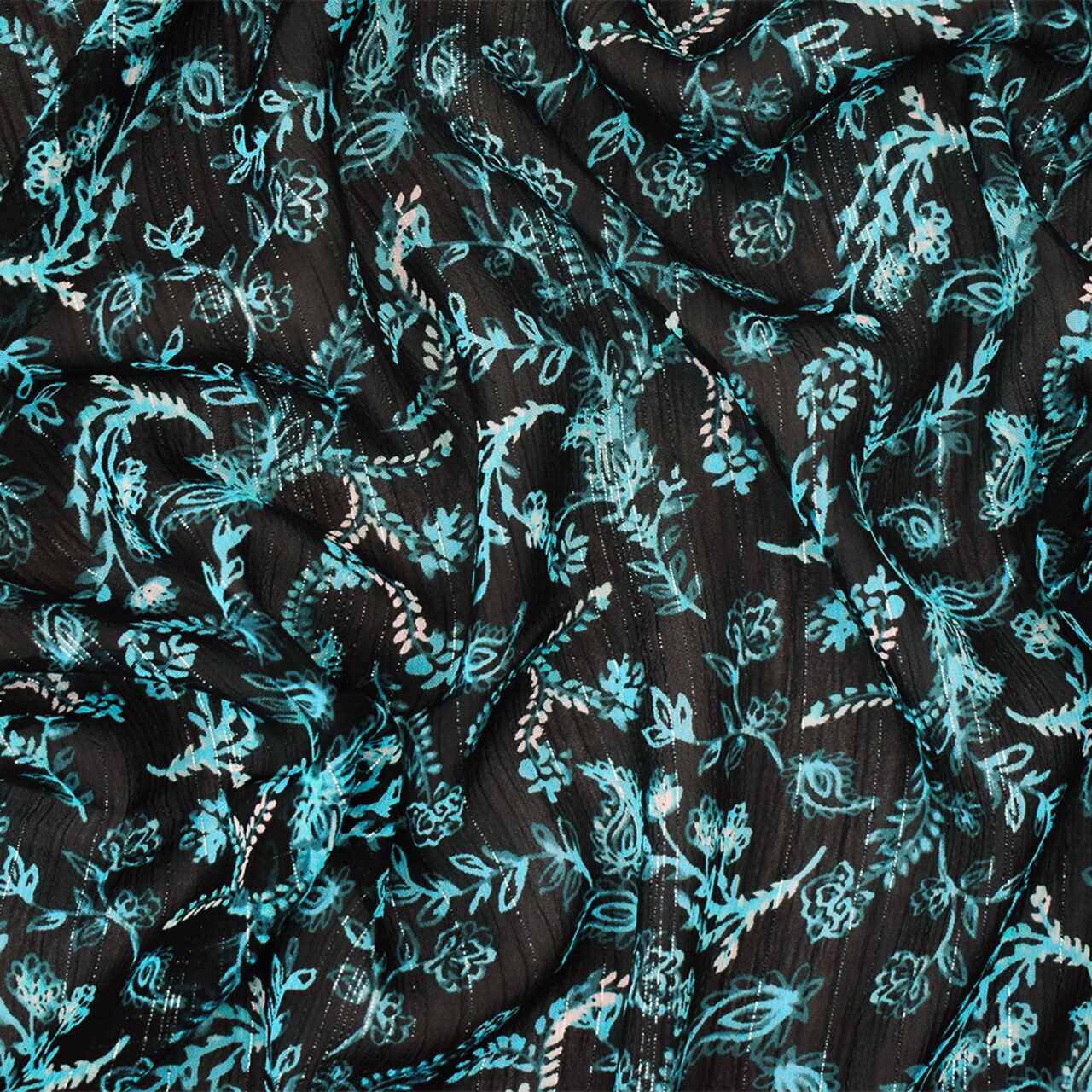 Navy-Silver-Multi Vine Printed Poly Yoryu Metallic Stripe Chiffon Fabric By the Yard